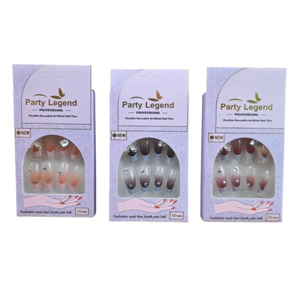 Party Legend Artificial Nail Tips 12ct Multicolor New Ombre Butterfly Rhinestone